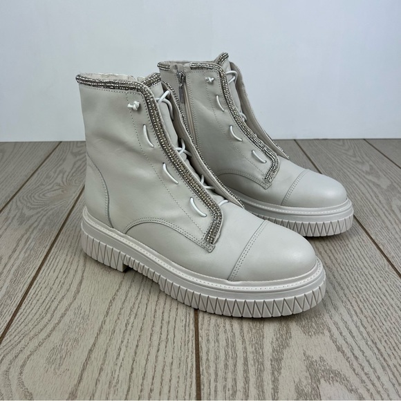 Schutz Women's Amirah Embellished Platform Bootie 10M Pearl White $178